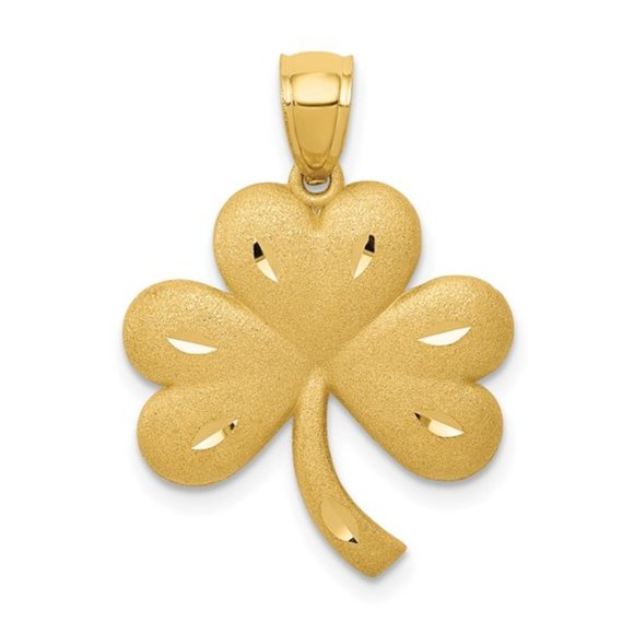 14k Yellow Gold Brushed Finish  Diamond-cut 3-Leaf Clover Shamrock Charm Pendant - Picture 1 of 4